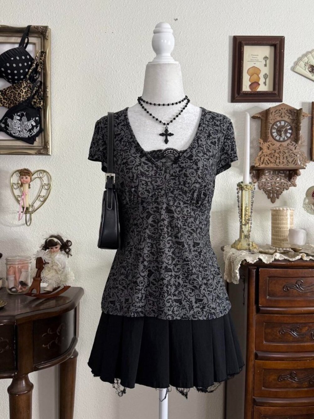 Y2k whimsigoth fairy grunge paisley floral babydoll top w black lace trim